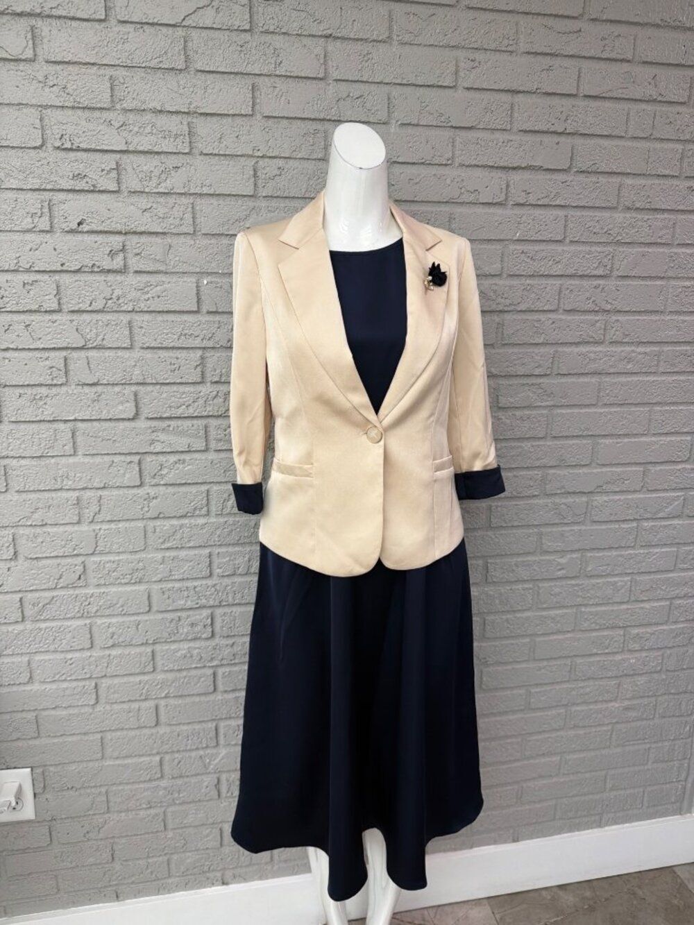 GELI Women’s 2PCS Navy Sleeveless Dress Cream Satin Jacket Set Size M